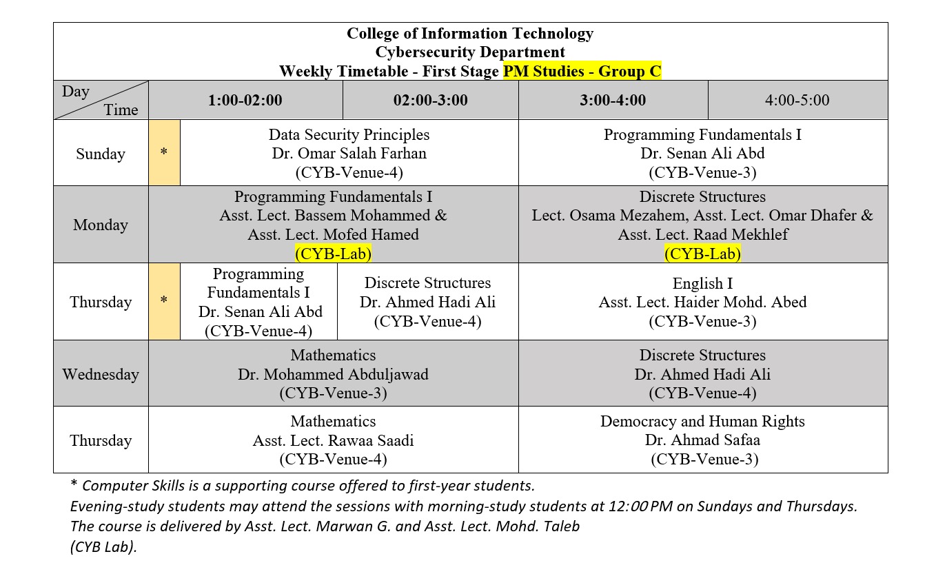 Weekly Schedule of the Cybersecurity and Artificial lntelligence Department  - Evening Division